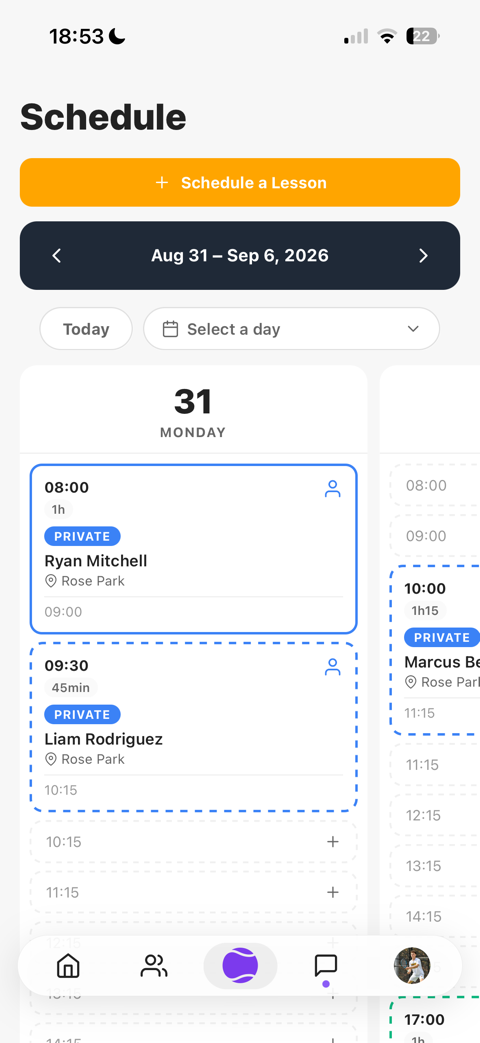 A week view of upcoming lessons